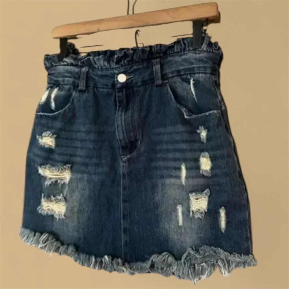 Hayden Denim Mini Skirt Distressed Frayed Hem
